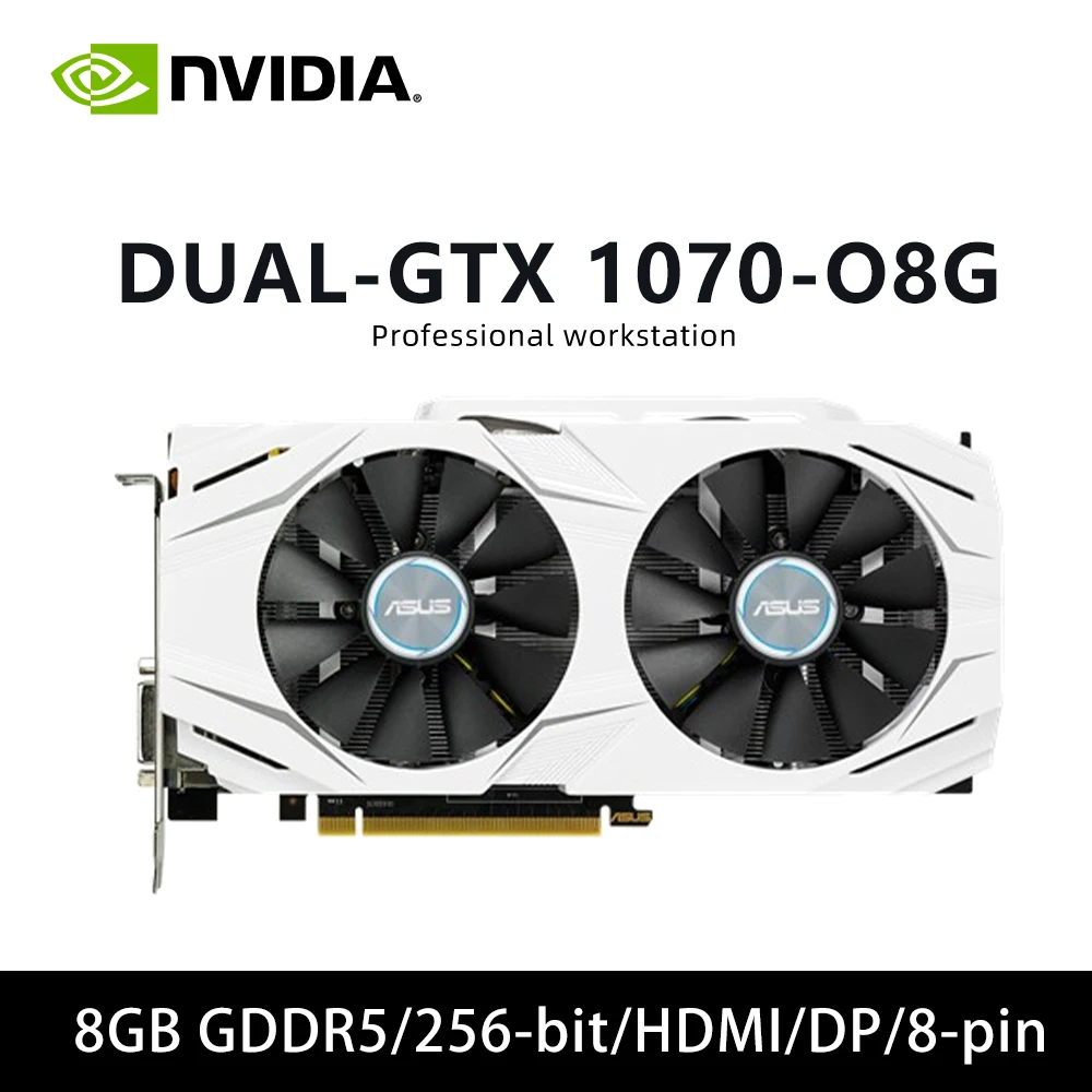 بطاقة رسومات ASUS DUAL GTX1070 O8G GDDR5 8GB 256bit 1070 تدعم PCI-E 3.0 HDMI DP DVI 8pin مروحة مزدوجة تبريد كمبيوتر مكتبي