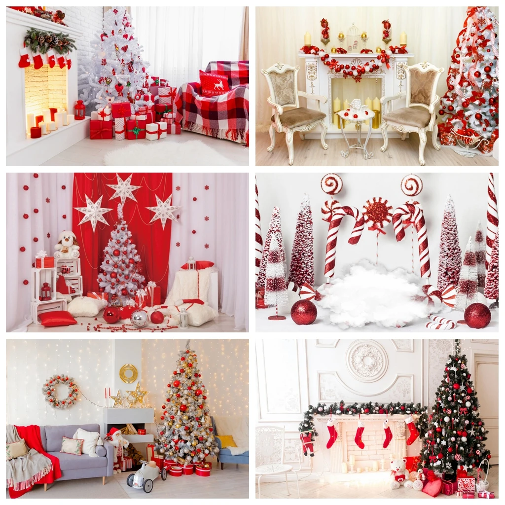 Red Christmas Tree Backdrop Candy Cane Newborn Photography Props Child Birthday Photo Background Cake Smash Backdrops Photocall