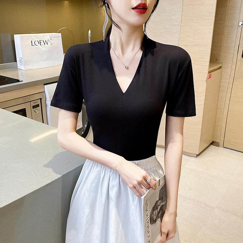 

Threaded Short Sleeve T-shirt Women Slim V-Neck Pullover Tops Fitting Tight Solid Blouse Basic Simple Soft Bottom Sexy Office