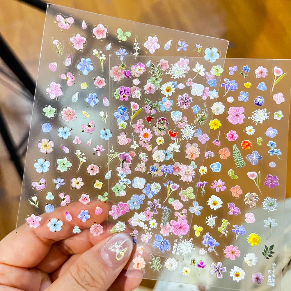 1 قطعة 5D الزهور المجففة مسمار ملصقات الذهب احباط ديزي البنفسجي زهر الخوخ حية الزهور البرية مسمار الشارات DIY بها بنفسك الربيع مانيكير ديكو