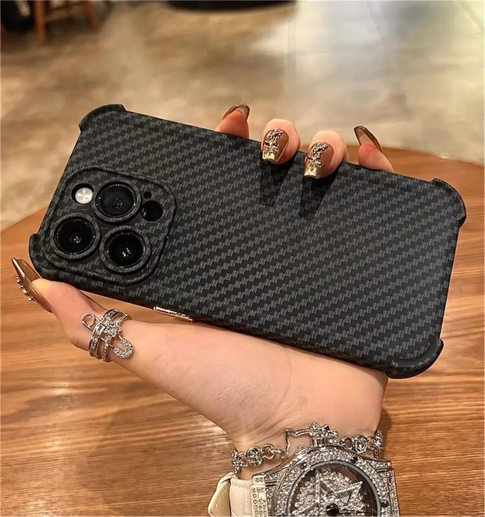 Ottwn Carbon Fiber Texture Phone Case for Iphone 15 14 13 12 11 Pro Max Four Corner Against Falling Shockproof Back Bumper Cover