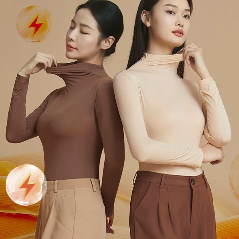 Tops and Pants Set Women Thermal Clothes High Neck Ultra-thin Invisible Thermal Underwear Lingerie Feel Heating