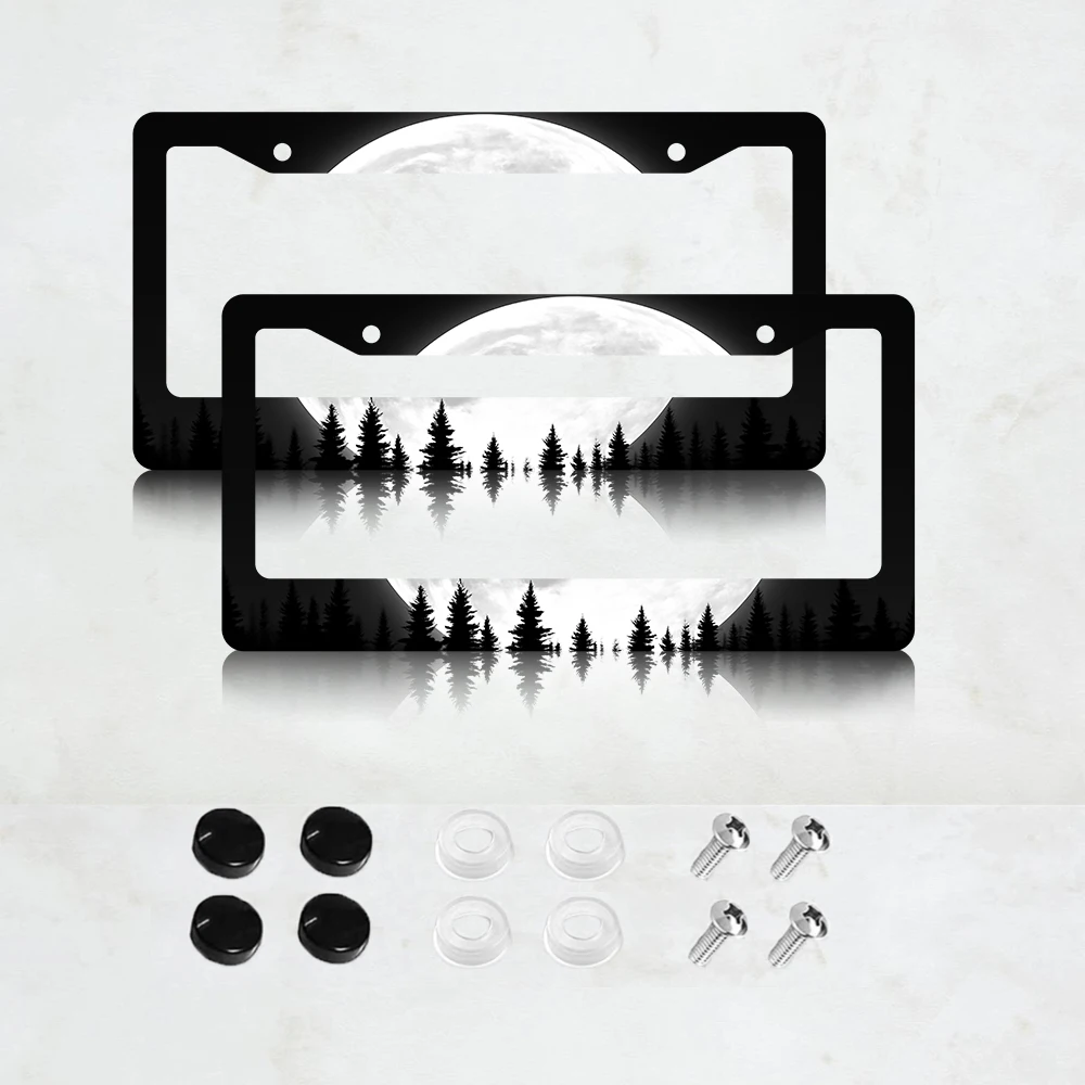 

2PC 2-Hole License Plate Frame in Black with Moon and Trees Design, Aluminum, 6x12 Inches, with Screws, USA Standard Size