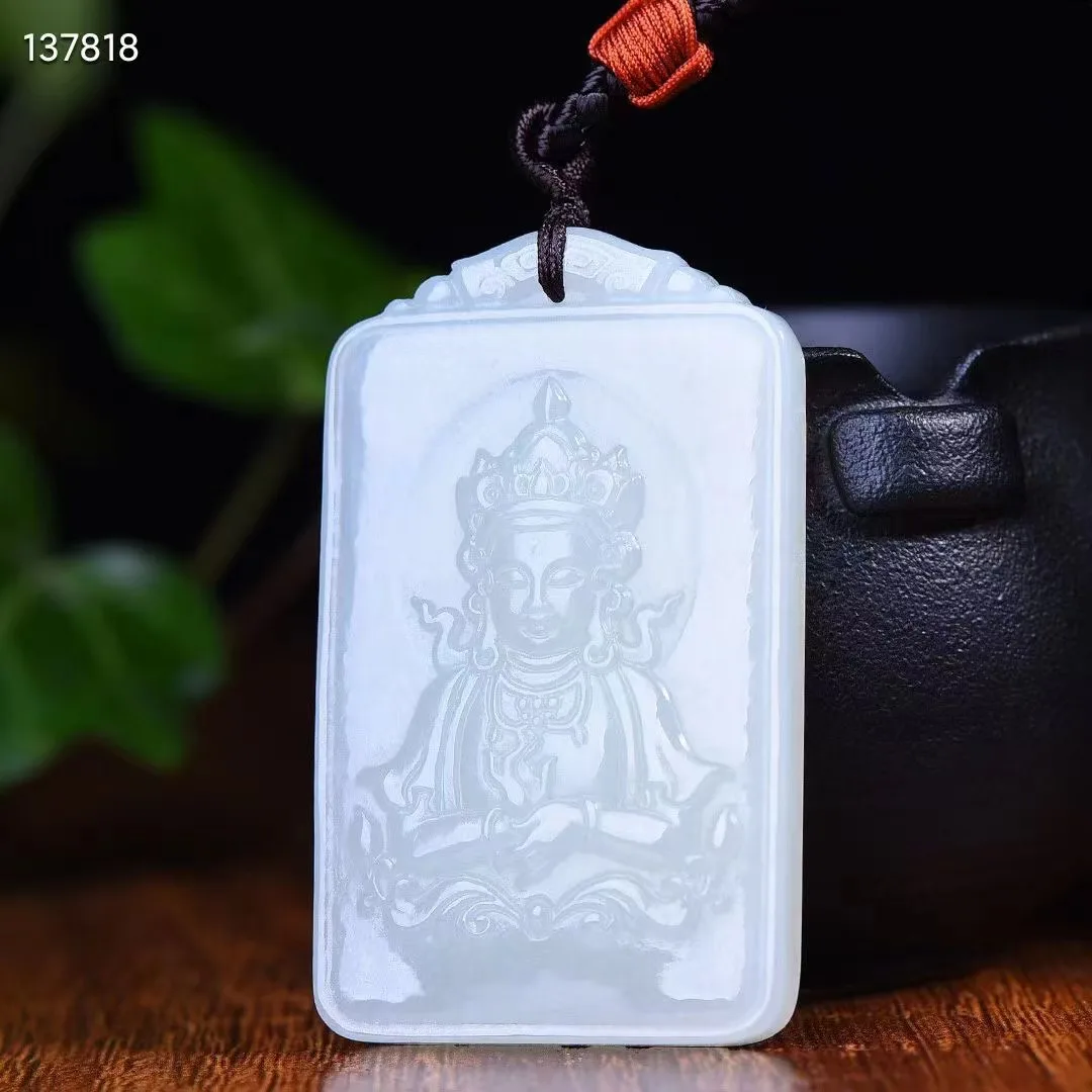 Natural 100%real white hetian jade carve auspicious guanyin pendant Bless peace necklace jewellery for men women gifts luck jade