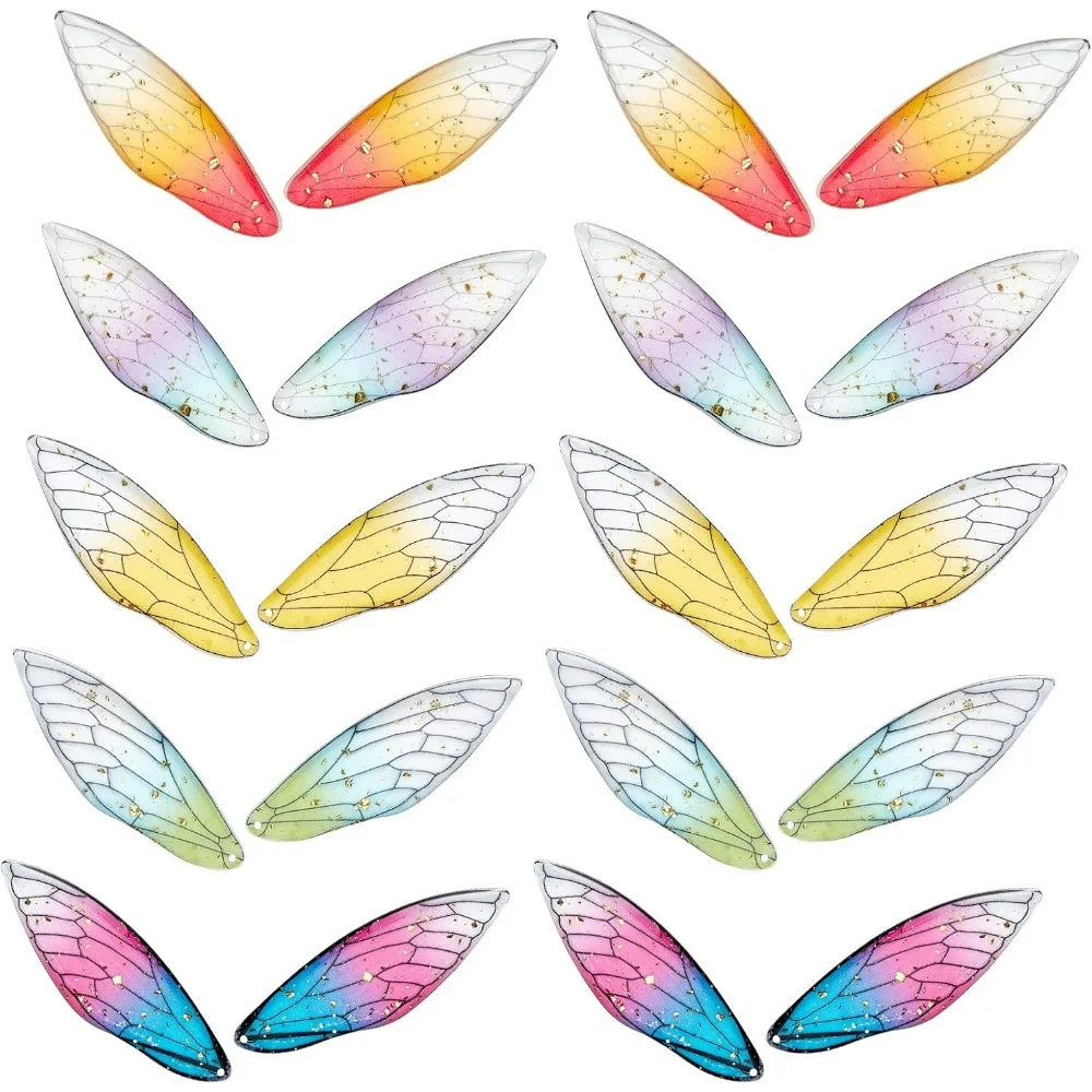 20Pcs 5 Colors Butterfly Wing Resin Pendants Insect Dragonfly Wing Charms Transparent Feather Drop Charms with Gold Foil