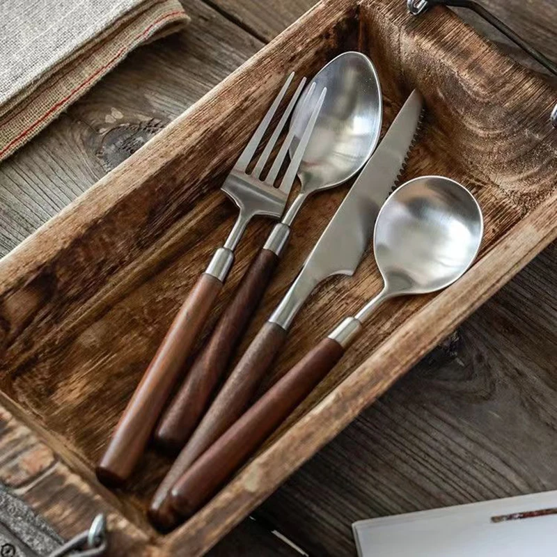 Walnut Wood 304 Stainless Steel Light Luxury Steak Knife Fork Western Restaurant Spoon Tableware Set Upscale Sanding Cutlery Set