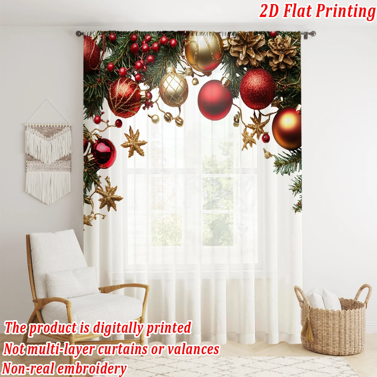 Christmas Flat Printing Sheer Curtain with Christmas Ball Pinecone Ornament Berry for Living Room Bedroom Decor Holiday Party