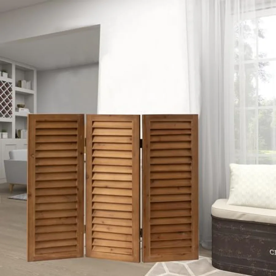 

Wood Short Privacy Screen Indoor 2.6 Ft Tall Shutters Folding Room Dividers 3 Panel Brown Room Partitions and Dividers Freestan