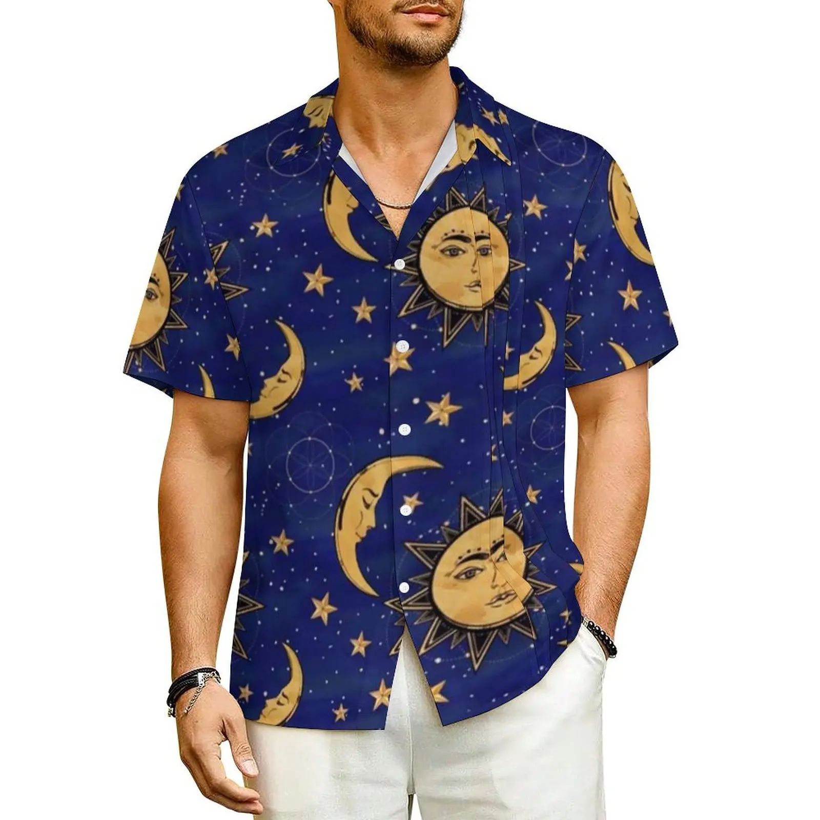 

Hawaiian Shirt Beach Vintage Sun Blouses Moon And Stars Celestial Retro Casual Shirts Male Short Sleeve Street Oversized Tops