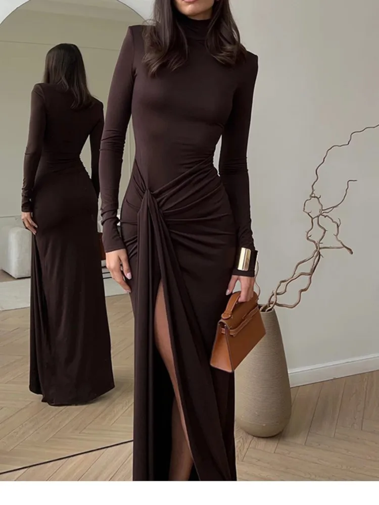 

Autumn New High-necked Long-sleeved Lace-tied Waist Slim Temperament Solid Color Dress Women's Elegant High-waisted Long Skirt