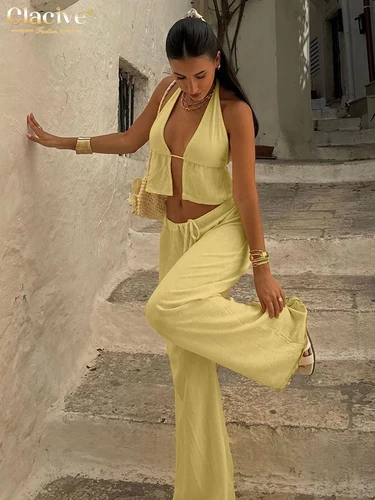 Clacive-Conjunto de 2 piezas de algodón amarillo holgado para mujer, Top corto Sexy sin mangas con pantalones anchos de cintura media, verano 2025