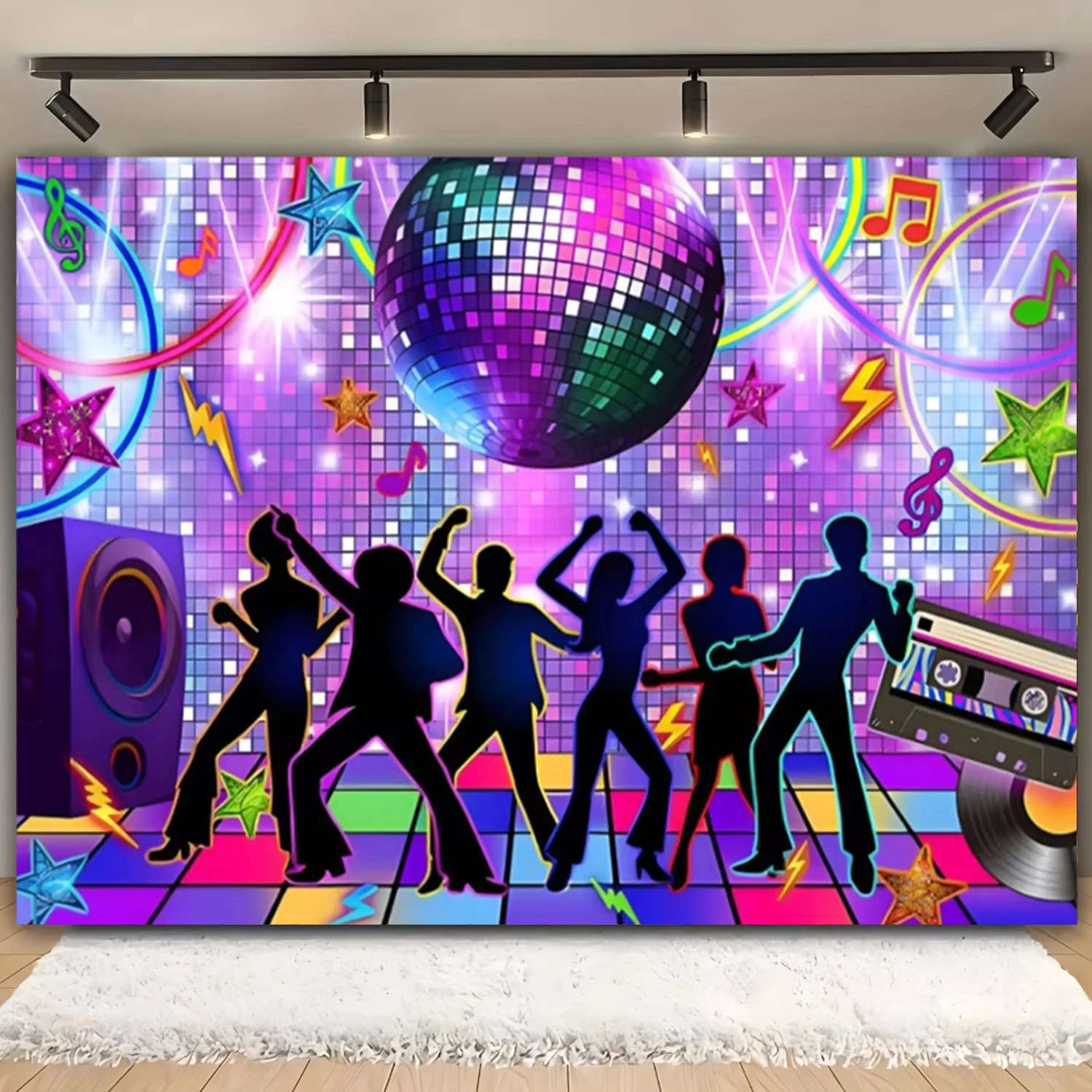 70er 80er 90er Disco Party Hintergrund Retro Disco Musik Bühne Party dekoriert mit glänzenden Lichtern Fotografie Hintergrund