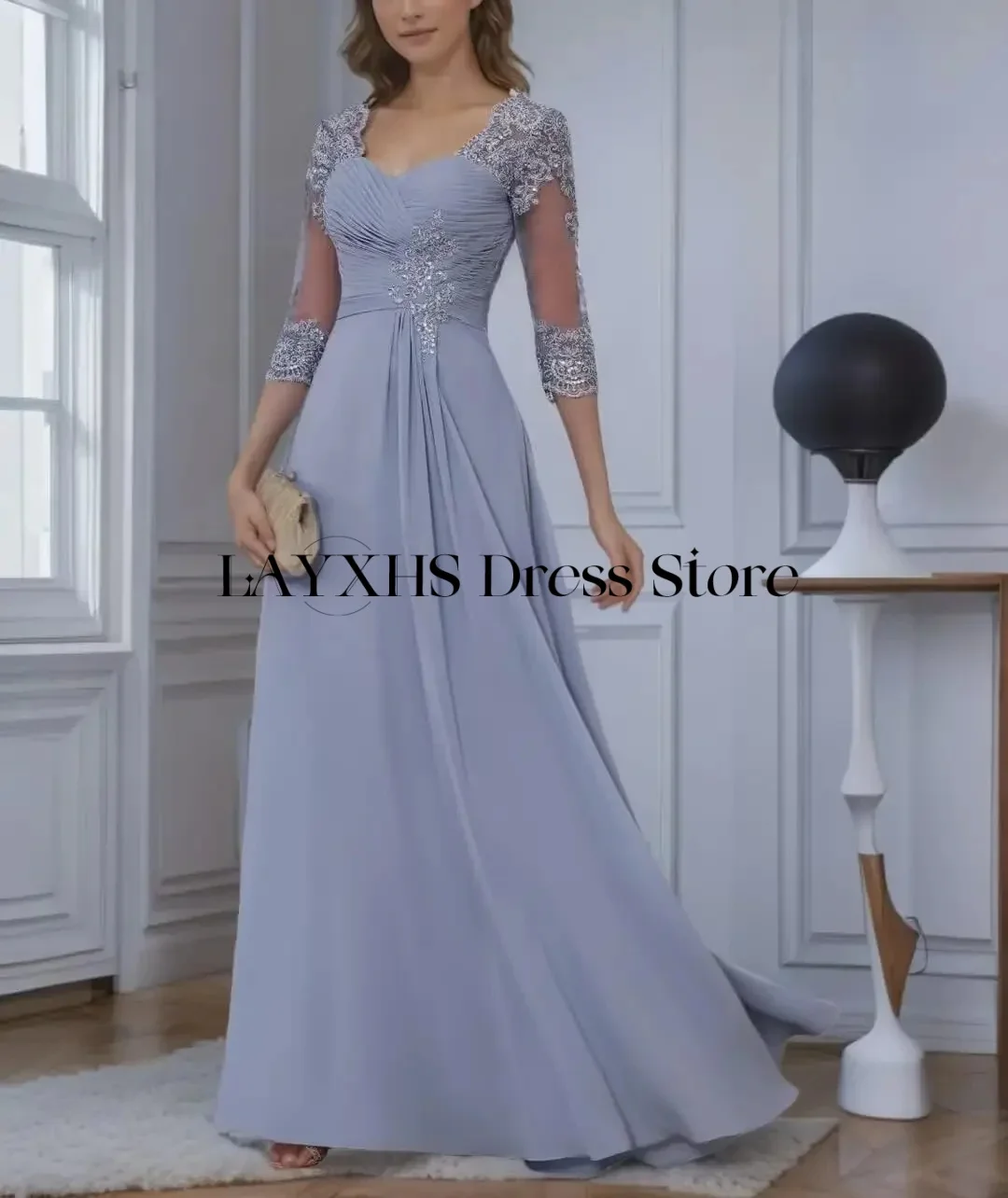 Layxhs alta qualidade pescoço quadrado mãe da noiva casamento 3/4 mangas apliques plissado vestidos de baile personalizados