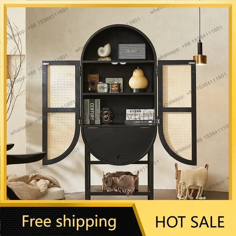 LD wabi-sandy wind solid wood side cabinet medium ancient rattan retro locker