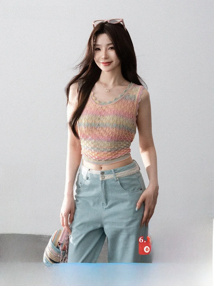 

LulusMiracle Rainbow Gradient Color Stripe Sleeveless Vest Summer Design Women's Top Original Design Slim Fit Short Length