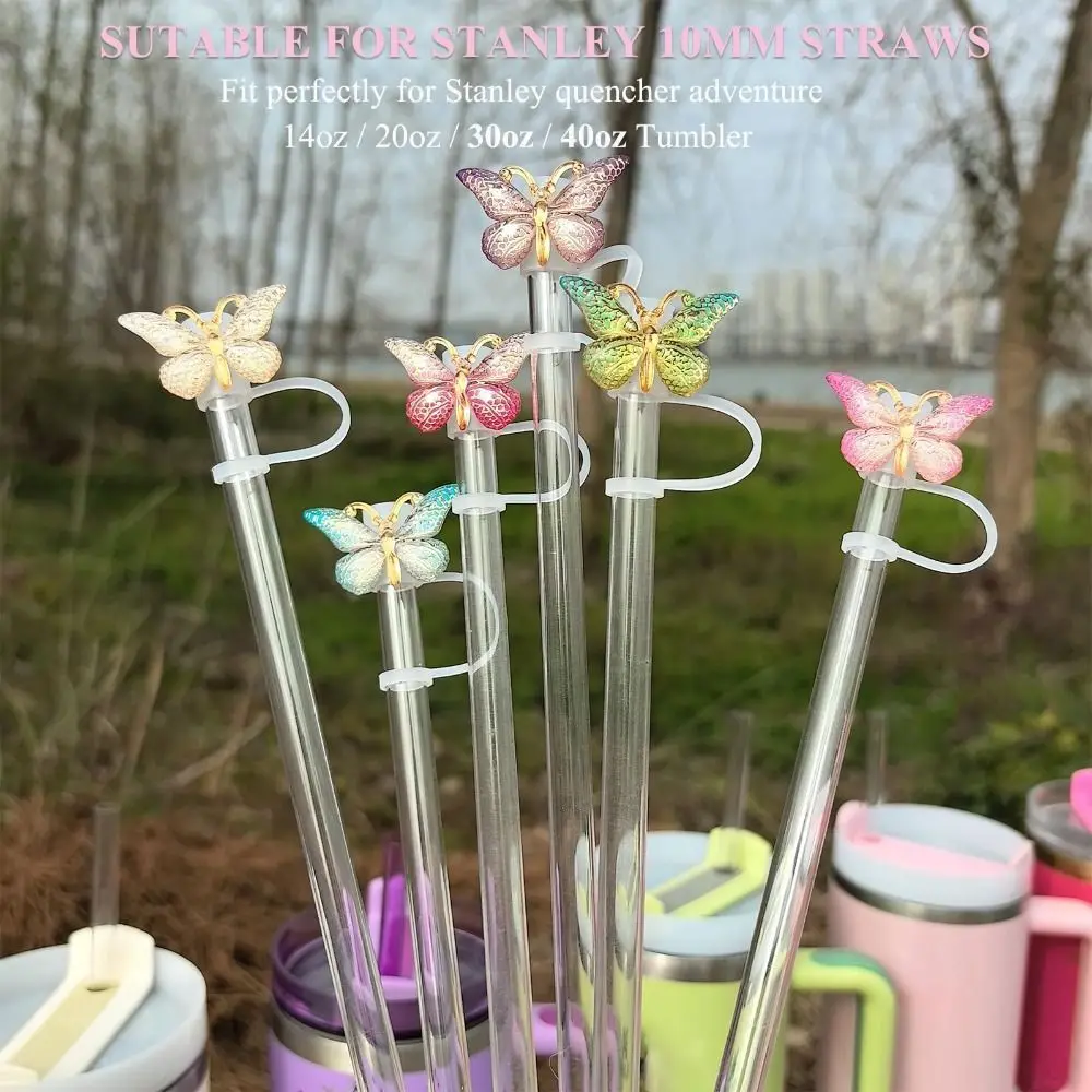 4/6Pcs Resin Butterfly Straw Covers Glitter Protective Function Bling Straw Toppers Reusable Glitter Silicone Straw Toppers