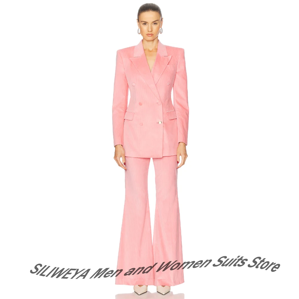 

Feminine Pink Corduroy 2Piece Suit Vintage Double-Breasted Women's Jacket+Flared Pants Set Retro Modern Looks Evening Party Wear