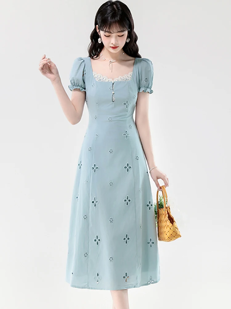 2025 Blue Hollow Out Elegant Chic Puff Sleeve Midi Dress Women Lace Square Collar Casual Dress Summer Korean Fashion Party Dress