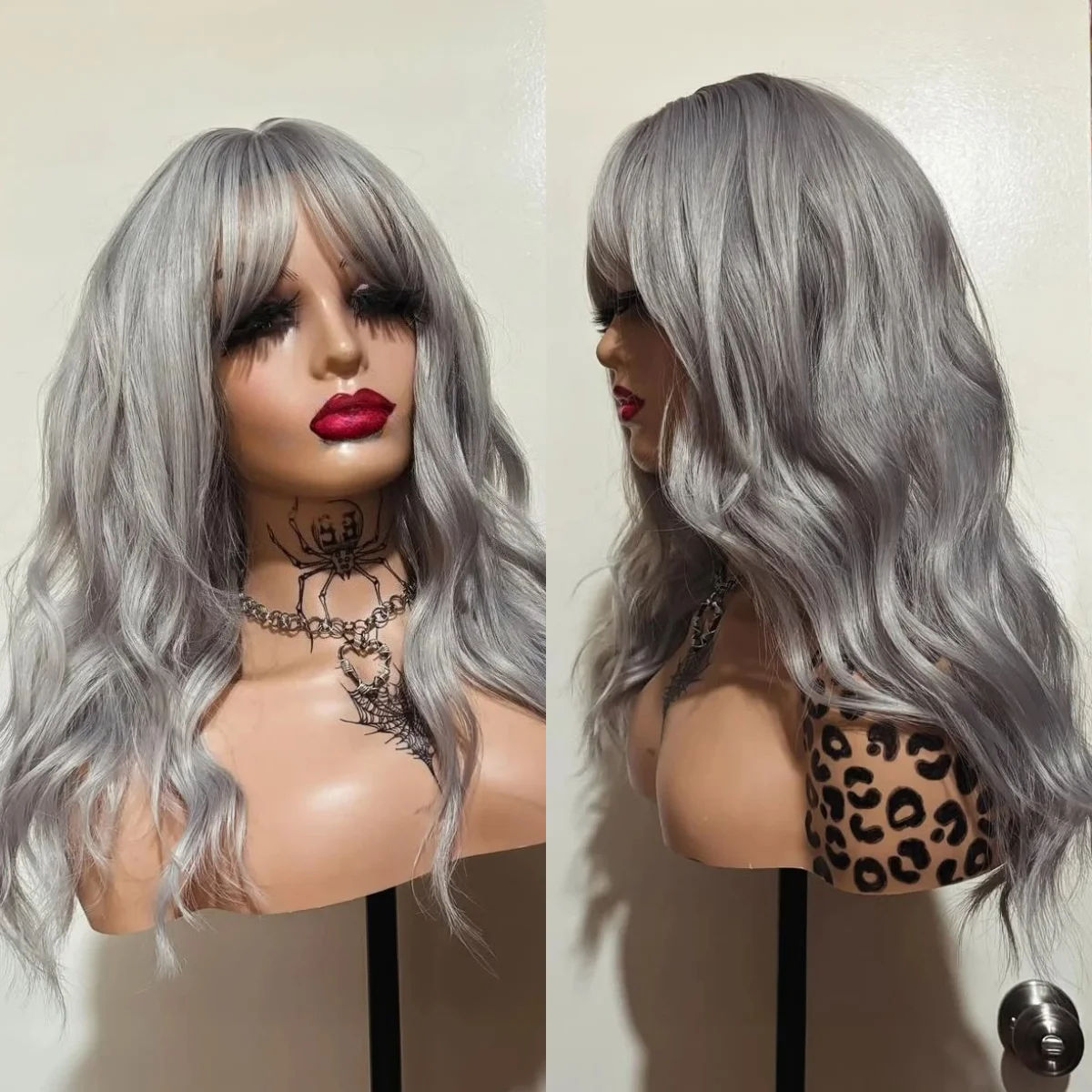 

Silver Grey Loose Wave Lace Front Wig With Bangs 13x4 HD Transparent Synthetic And Blend Lace Wigs Heat Resistant Daily Cosplay