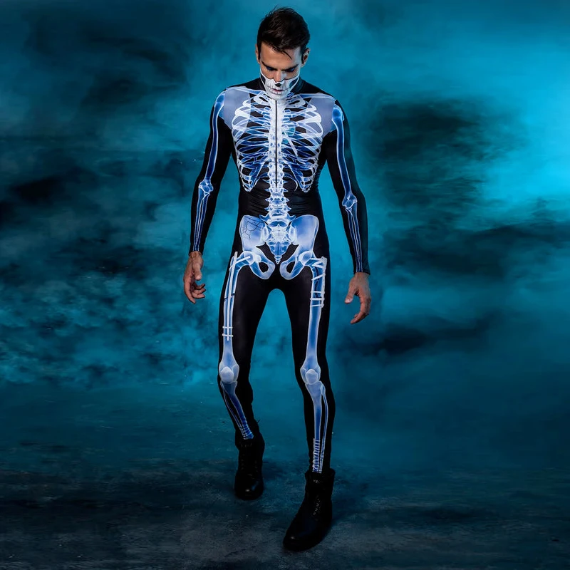 Fato de esqueleto humano raio X para homens, festa de Halloween, bodysuit engraçado, manga comprida, zíper traseiro, roupas justas, roupas, macacões