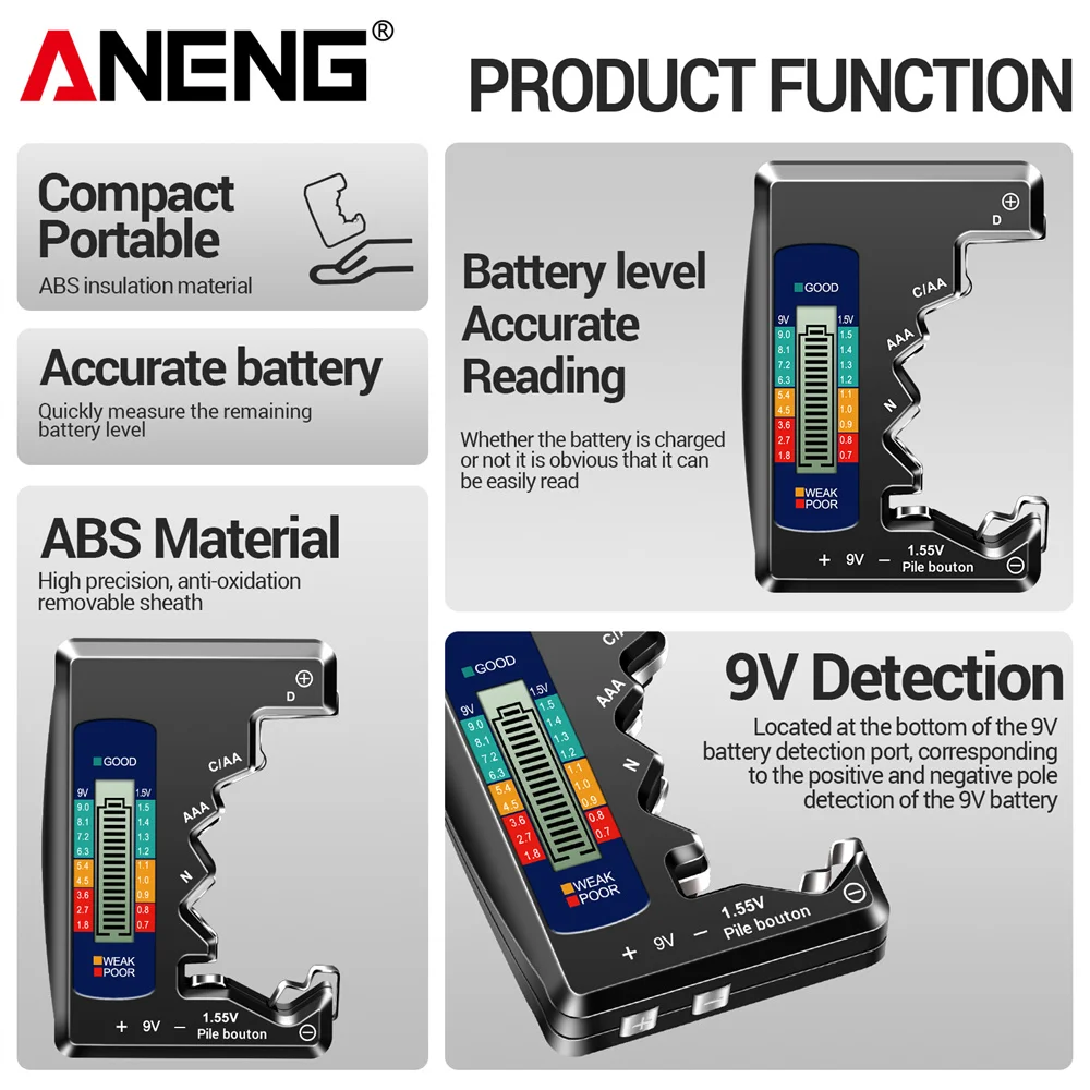 ANENG BT1688 Battery Tester C D AA AAA N 9V battery Test Detector Cell Button Universal Meter Visual Display Testing Tester Tool