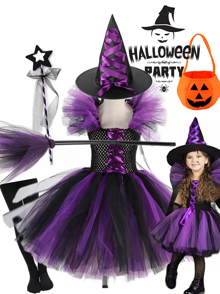 2-delige Heks Tutu Jurk met Hoed Meisjes Allerheiligen Bruja Tovenaarskostuum Rollenspel Peuter Halloween Party Fee Heksenjurk - afbeelding 2