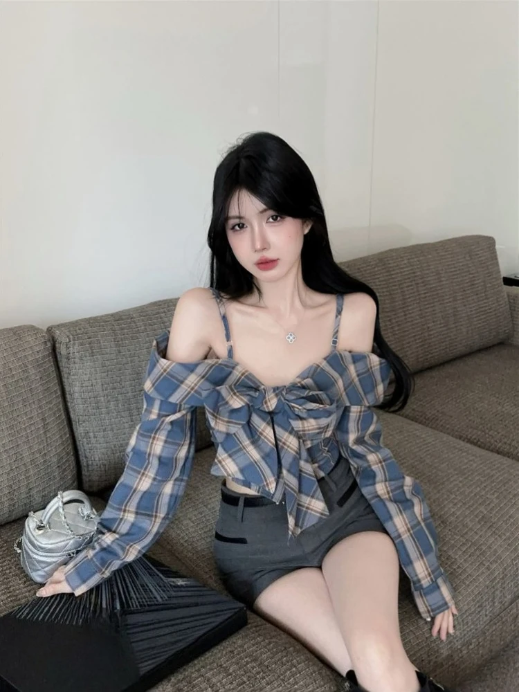 

Женская сексуальная шикарная укороченная рубашка для ранней осени, винтажный клетчатый кардиган с открытыми плечами, длинными рукавами и бантом