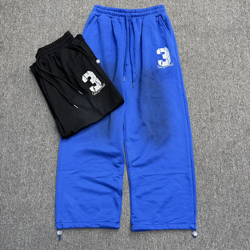 

Soiled Embroidery Cracked Digit 3 Logo Pants Men Women Casual Loose Wide Leg Spray-painting Sweatpants Drop Ankle Strap Trousers