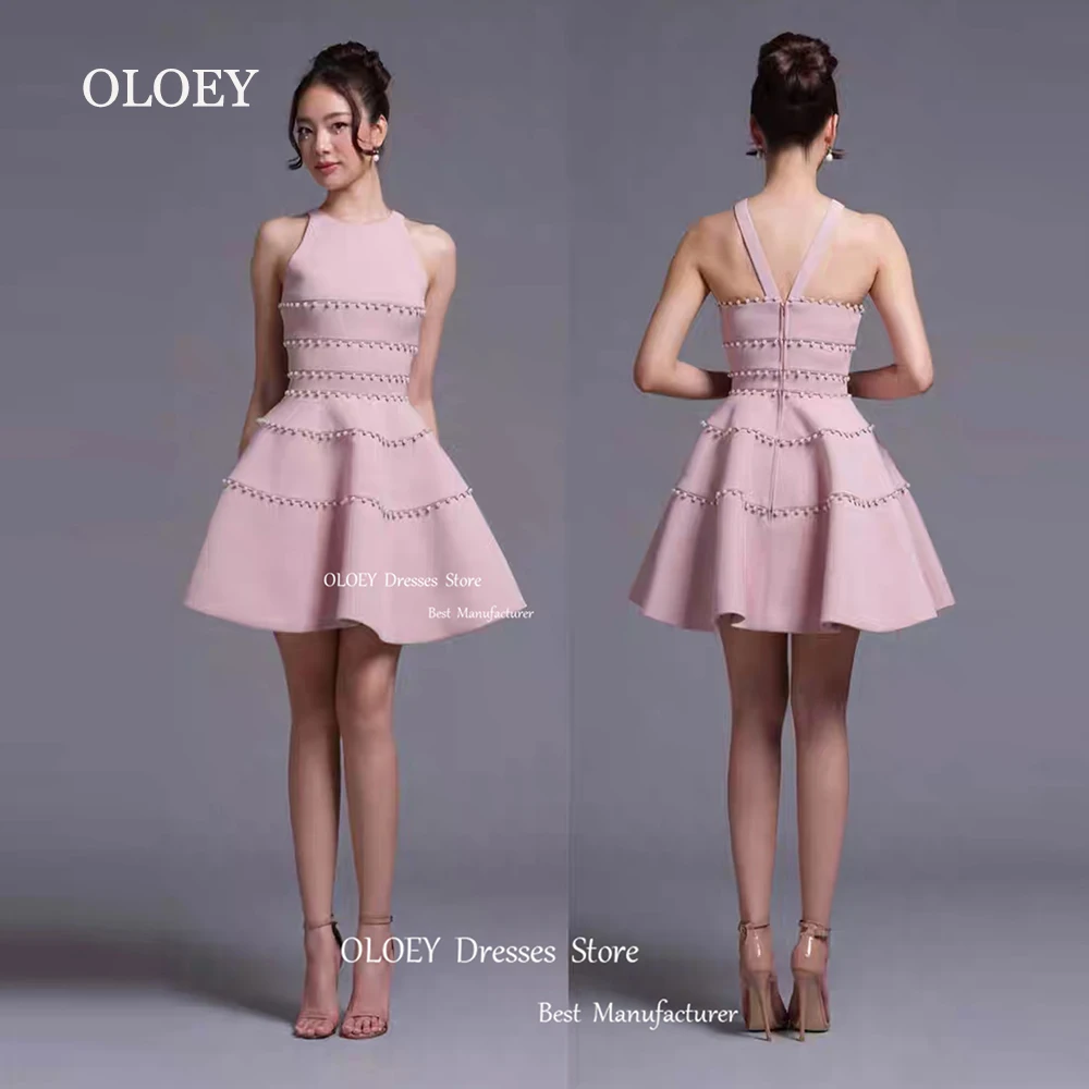 

OLOEY Pink Short Cocktail Dresses Sexy Strapless Pearls Wedding Party Dresses Summer Beach Dress Pleated Satin Custom Made