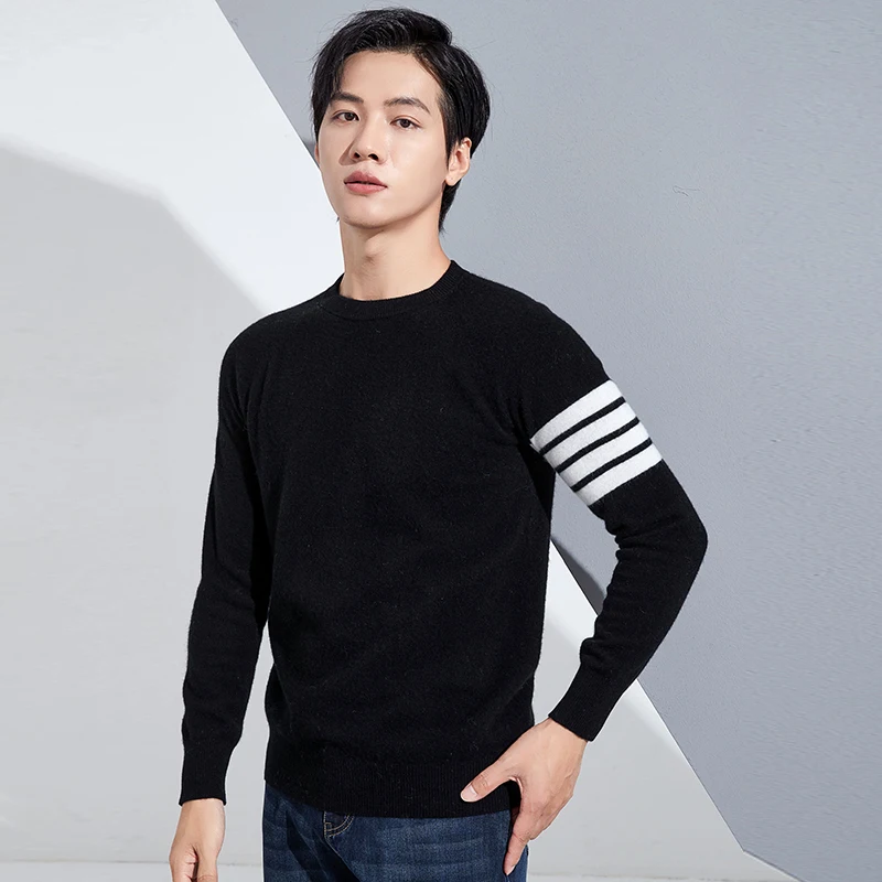 Men's Round Neck 100% Merino Wool High-End Sweater Fashion High Street Cashmere Knitted Pullover Korean Fashion Spring New Style