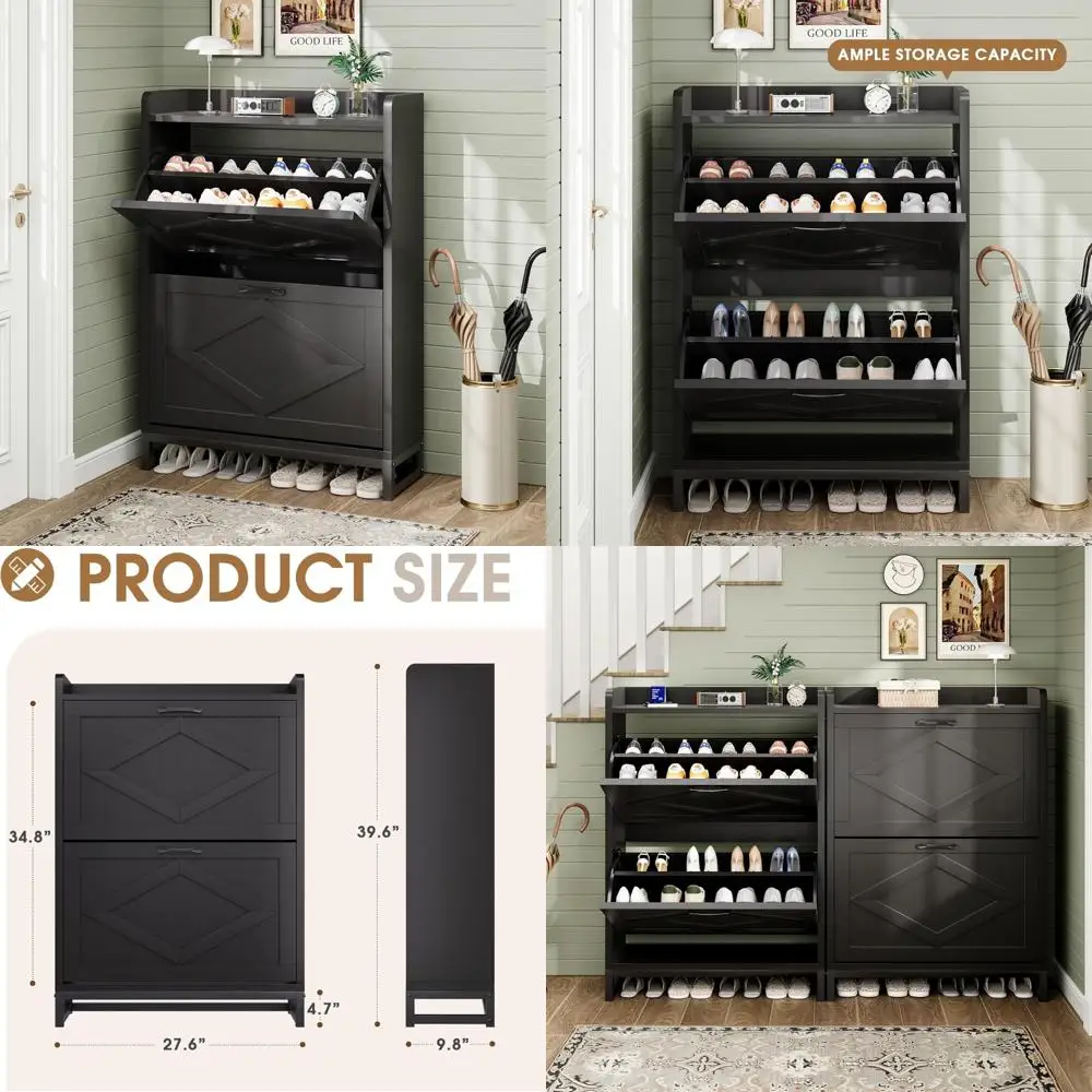 Space-Saving Flip Drawer Shoe Storage Cabinet with Adjustable Shelf, Holds Over 12 Pairs, Narrow Design for Efficient Shoe Organ