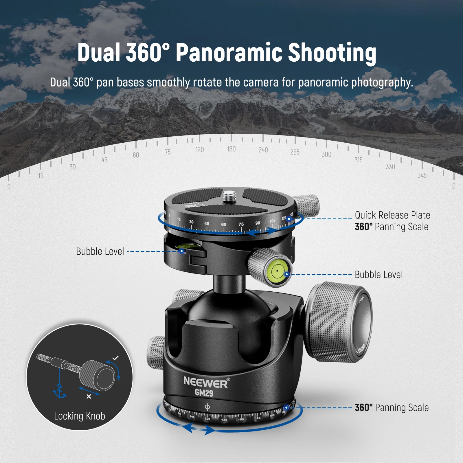 NEEWER Low Profile Tripod Head,Heavy Duty Low Center of Gravity Ballhead with Damping, Dual 360° Panorama Structure on Arca Plat