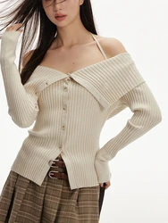 2024 Spring Slash Neck Sweater Women Cardigans Y2k Korean Slim Vintage Grey Sweaters Even Party Bandage Knitwear Female Chic