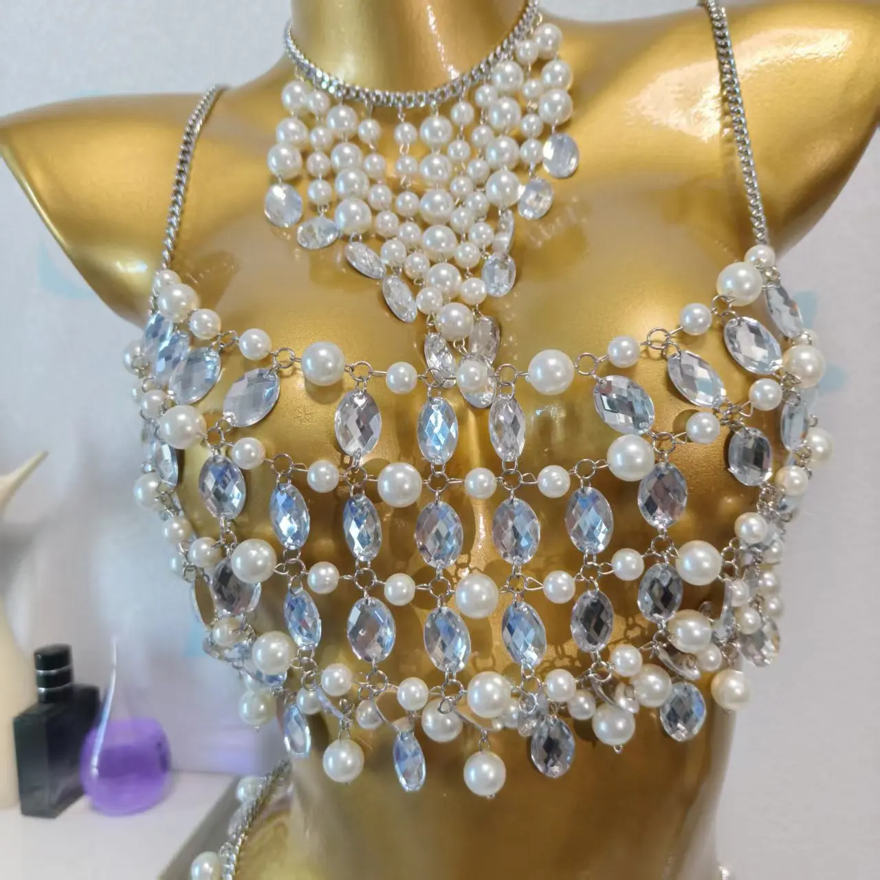 

Sexy Fashion Bead Set Summer Beach Sexy Body Chest Chain Handmade Pearl Bra Chain Adjustable Size