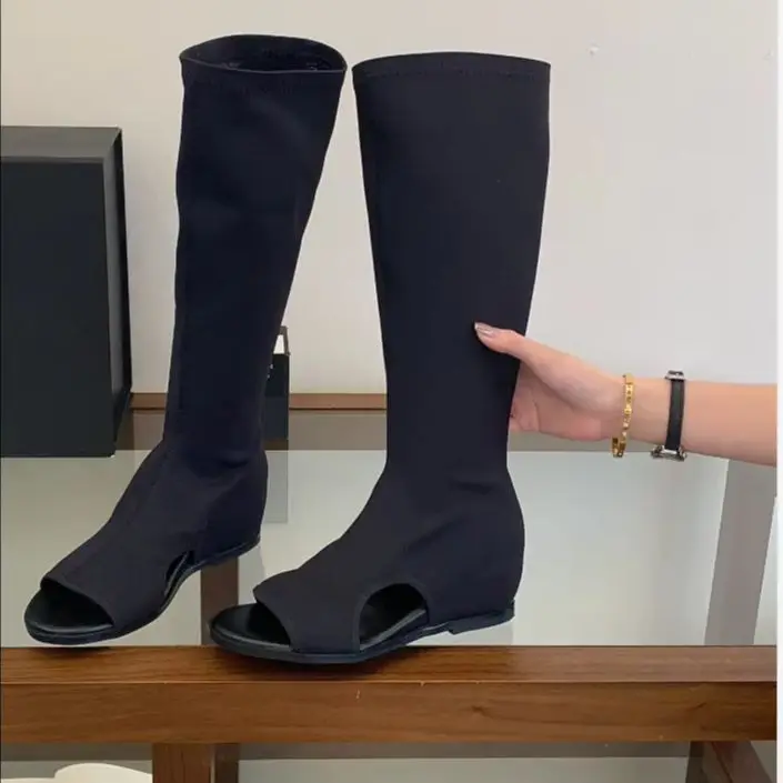 AIYKAZYSDL 2026 Slouchy Stretchy Short Boots Peep Toe Cut Out Summer Bootie Wedge Heel Flats Rome Gladiator Ethnic Sandals