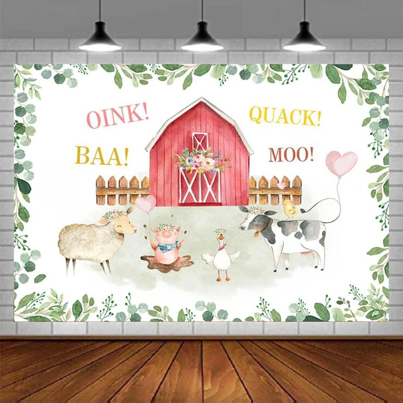 

Farm Red Barn Photography Backdrop Cartoon Farm Animals Birthday Party Background Theme Baby Shower Party Cake Table Decoration