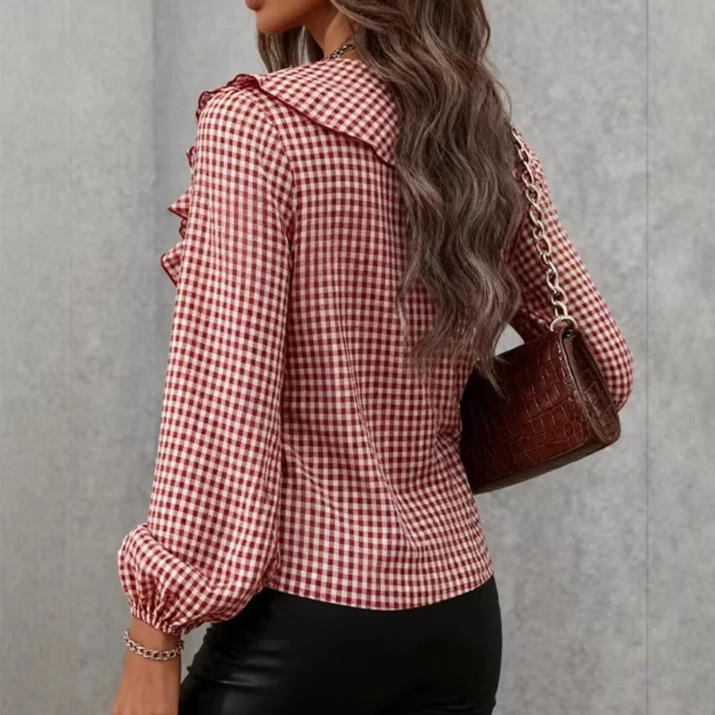 TFMLN Spring Women Long Sleeve Shirts New Vintage Elegant Plaid V Collar Sweet Blouse Fashion Tierred Decoration Pullover Shirt
