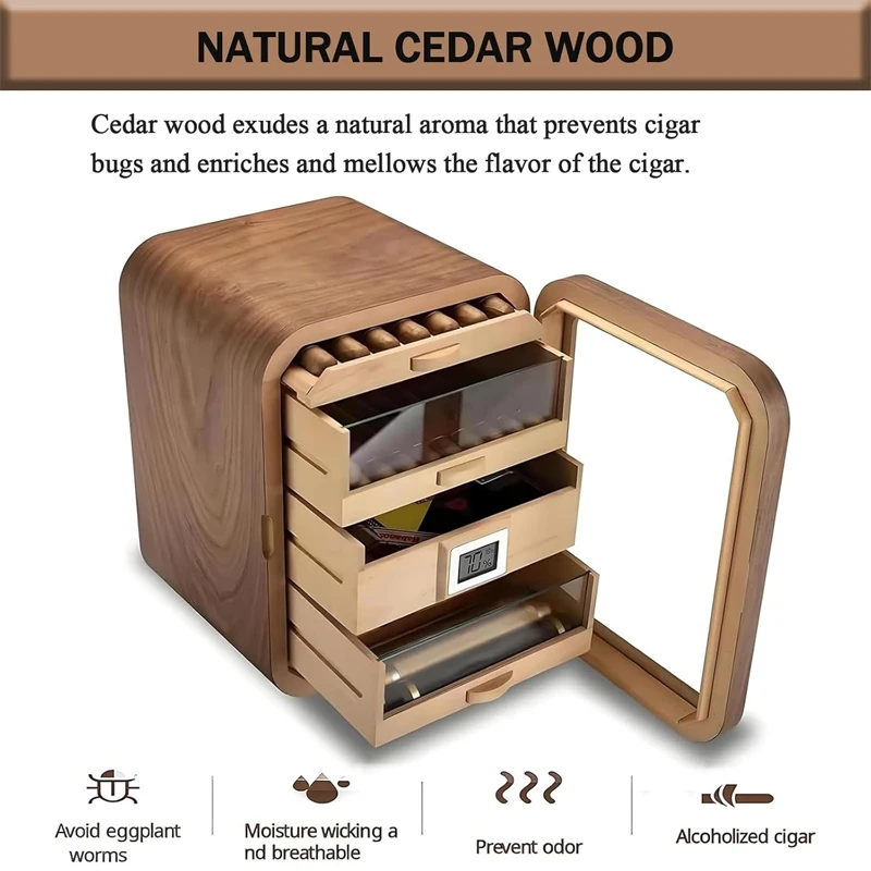 Electric Cigar Humidor Cabinet 70 Count with Digital Hygrometer Temp and Humidity Control Spanish Cedar Wood Cigar Storage Box