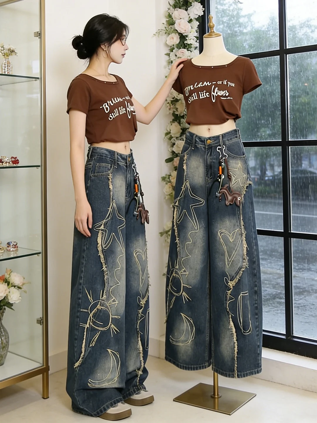 

Retro Embroidered Frayed Workwear Denim Jeans Women's Spring Summer New Large Size Loose Slim Wide Leg Pants for plus Size