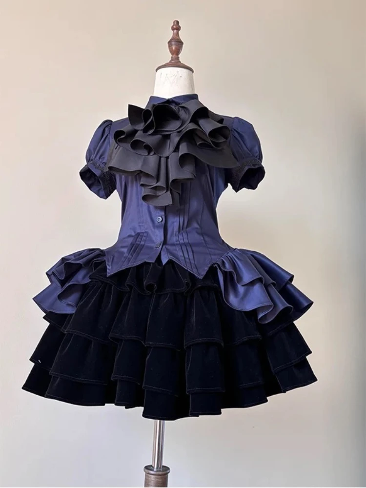 Japanese Gothic Vintage Lolita 3 Piece Set Striped Blouse + Chic Vest + Fluffy Cake Skirt New Fashion Dark Academia JK Suit 2024