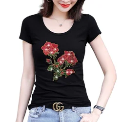 High Quality 95 Cotton Slim Girl Summer Y2k Clothing Short Sleeve Hot Drill Rose T Shirt Woman Fashion Small Waist Stylish Tops