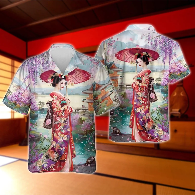 

Japanese Geisha 3D Print Lapel Blouse Harajuku Fashion Cherry Blossoms Kabuki Shirts For Men Clothes Hawaii Vacation Geiko Tops