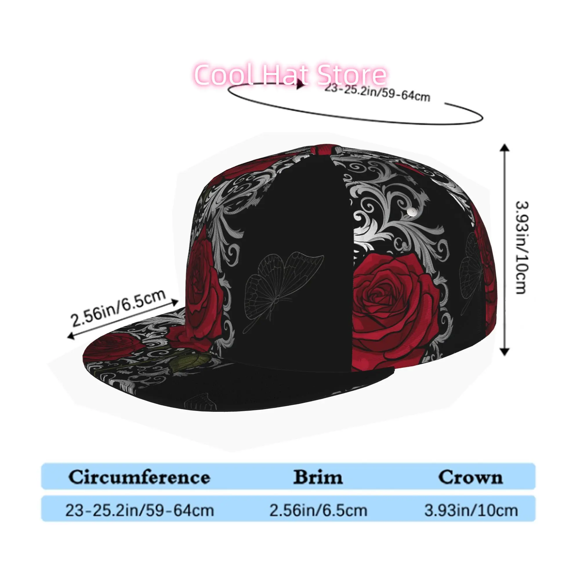 Men'S, Women'S, And Unisex Flat Brim Baseball Cap, Hip Hop Streetwear Red roses + Retro scroll patterns + Butterfly designs