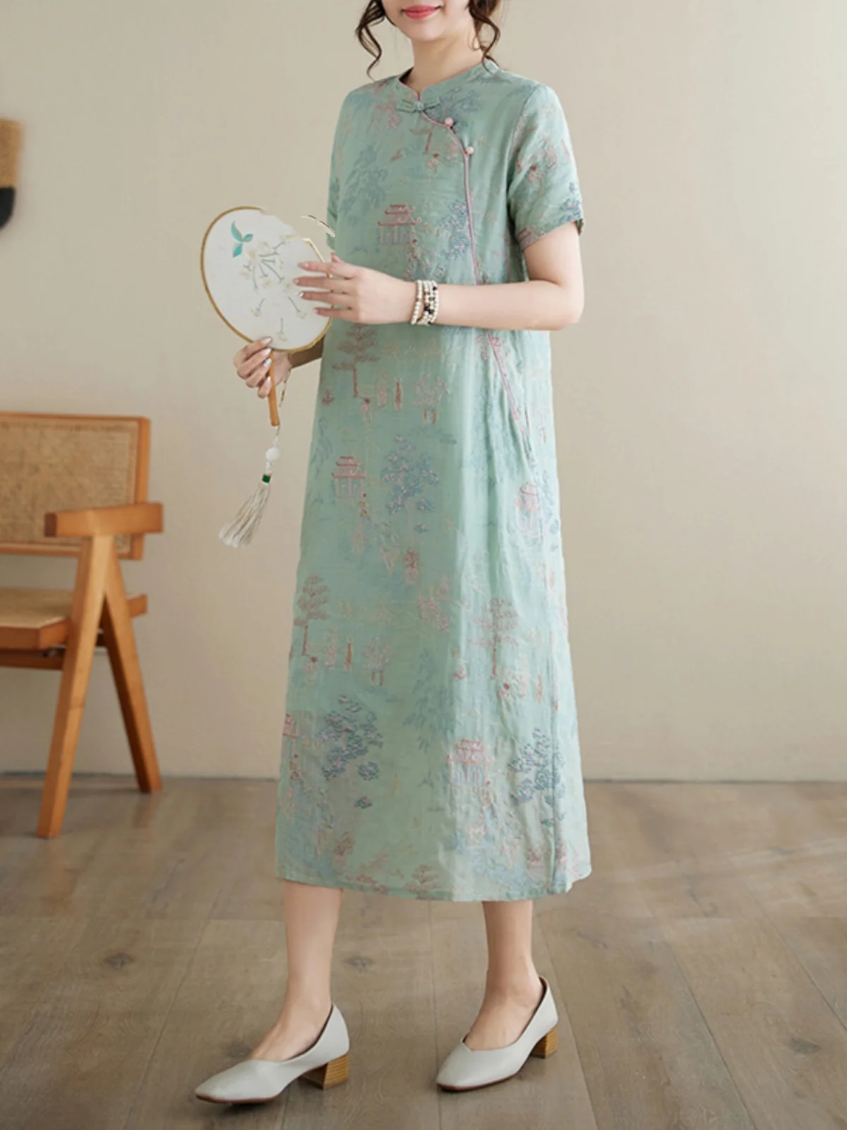 ชุดกี่เพ้าสไตล์จีนโบราณ ปักลายหนัก งานประณีต กระโปรงยาวทรงหลวม ผ้าฝ้ายบางเบาสำหรับฤดูร้อน หรือชุดเดรสยาว