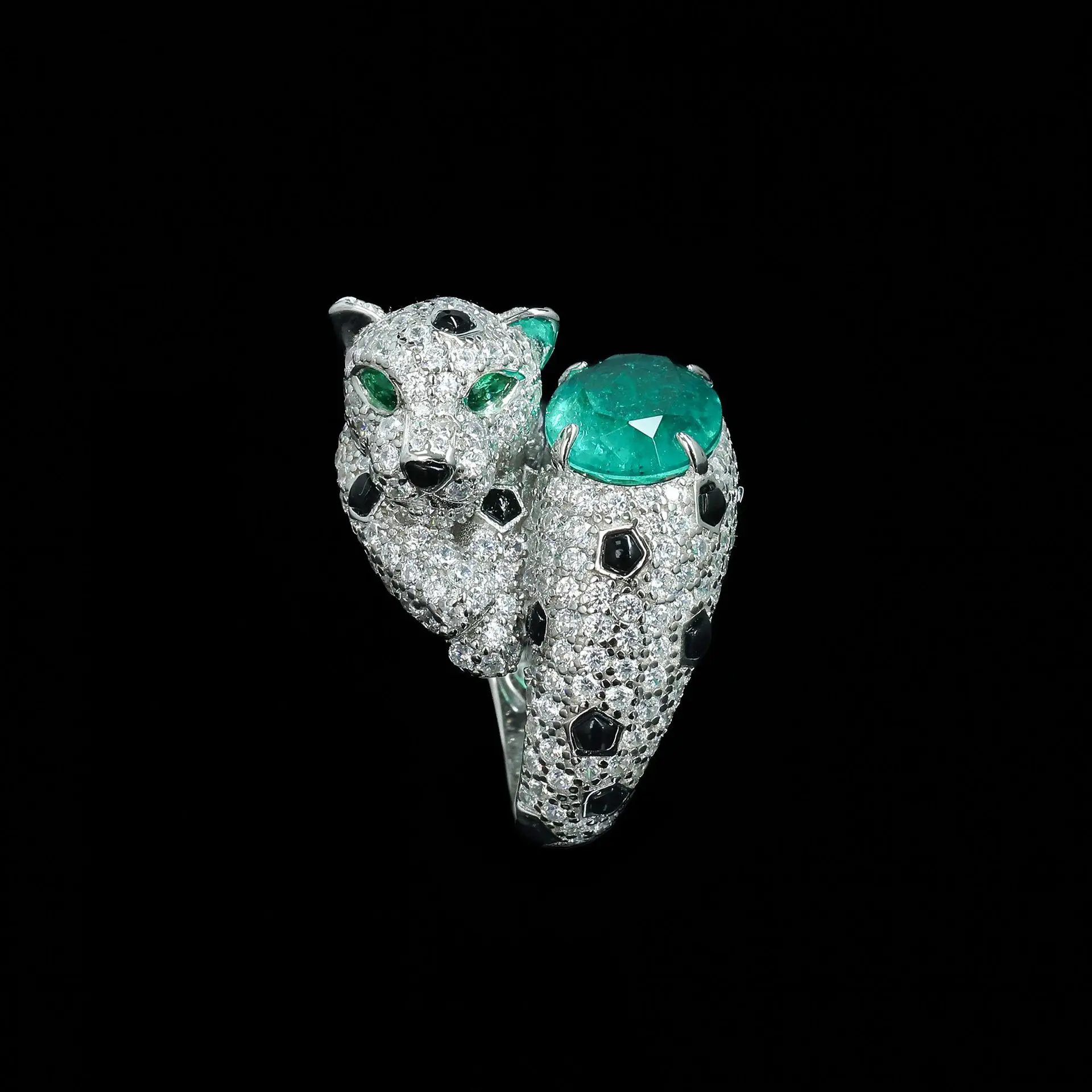 Lab-Grown Muzo Green Emerald Oval Leopard Black Enamel Ring 925 Sterling Silver Engagement Daily Fine Jewelry For Men And Women