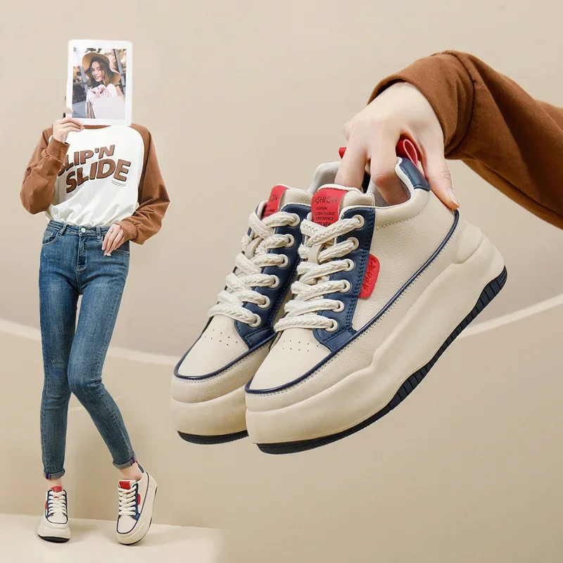 Moda esportiva feminina de couro sapatos de sola grossa respirável tênis de corrida feminino novo resistente ao desgaste