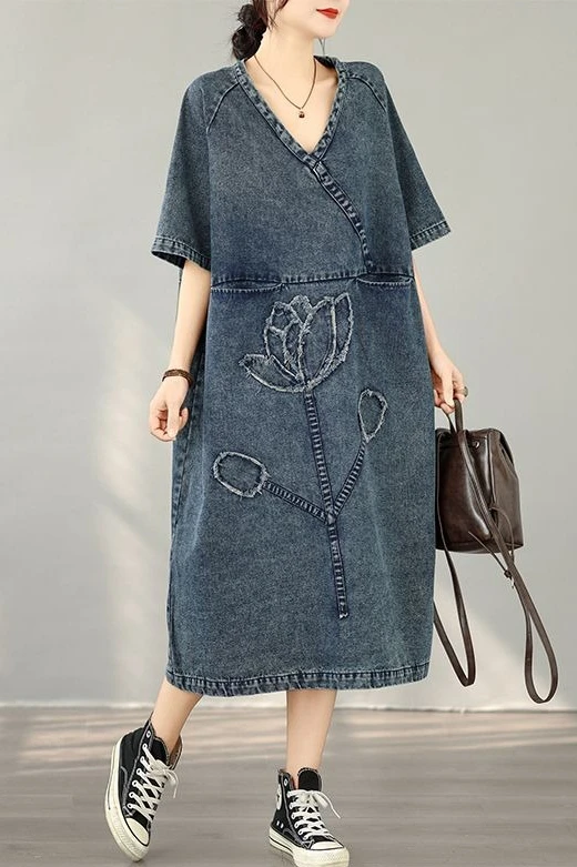 

Spring/Summer New Women's Cowboy Dress V-neck Loose Vintage Dress