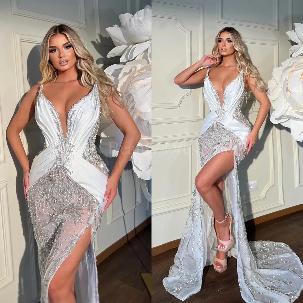 Sexy Sleeveless Evening Dresses V-Neck Court Train High Side Split Beading Formal Banquet Party Occasions Prom Gowns Custom Made