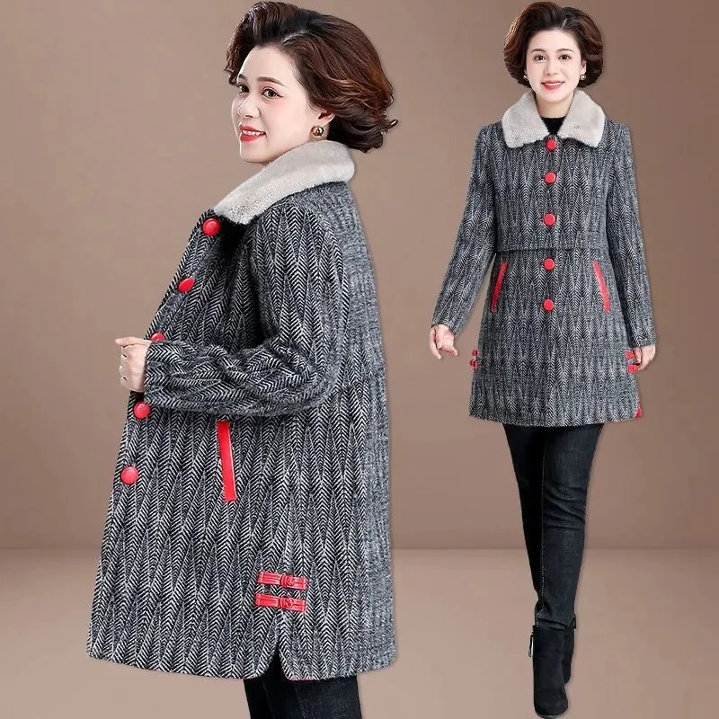 Mom\'s Coat 2024 Autumn/winter New Loose Versatile Woolen Coat Medium Length Middle-Aged Women Cotton Jacket Female Cotton Jacket