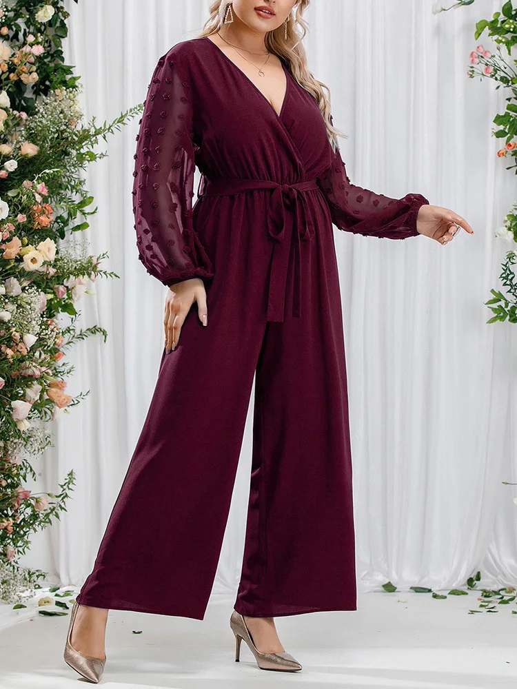 GIBSIE Plus Size Swiss Dot Mesh Sleeve Belted Jumpsuit Women Spring Summer V-Neck Loose High-waisted Elegant Wide Leg Jumpsuits image 5